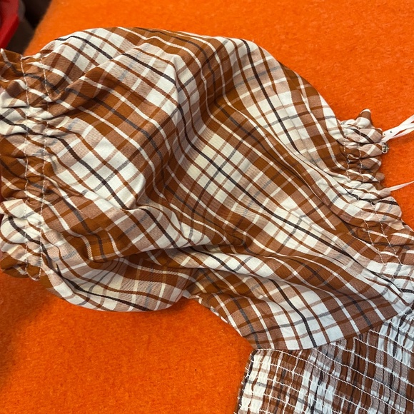 Check brown and white smocked puff sleeve square neck peasant dress NWT - Picture 7 of 14